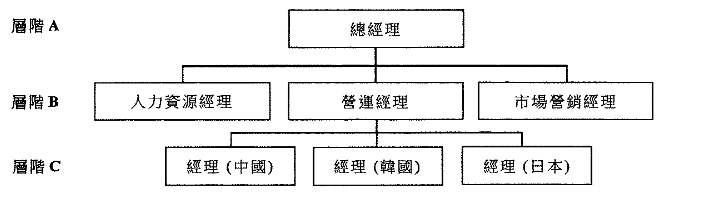 組織圖:層階A總經理;層階B人力資源經理、營運經理、市場營銷經理;層階C(營運經理之下)經理(中國)、經理(韓國)、經理(日本)