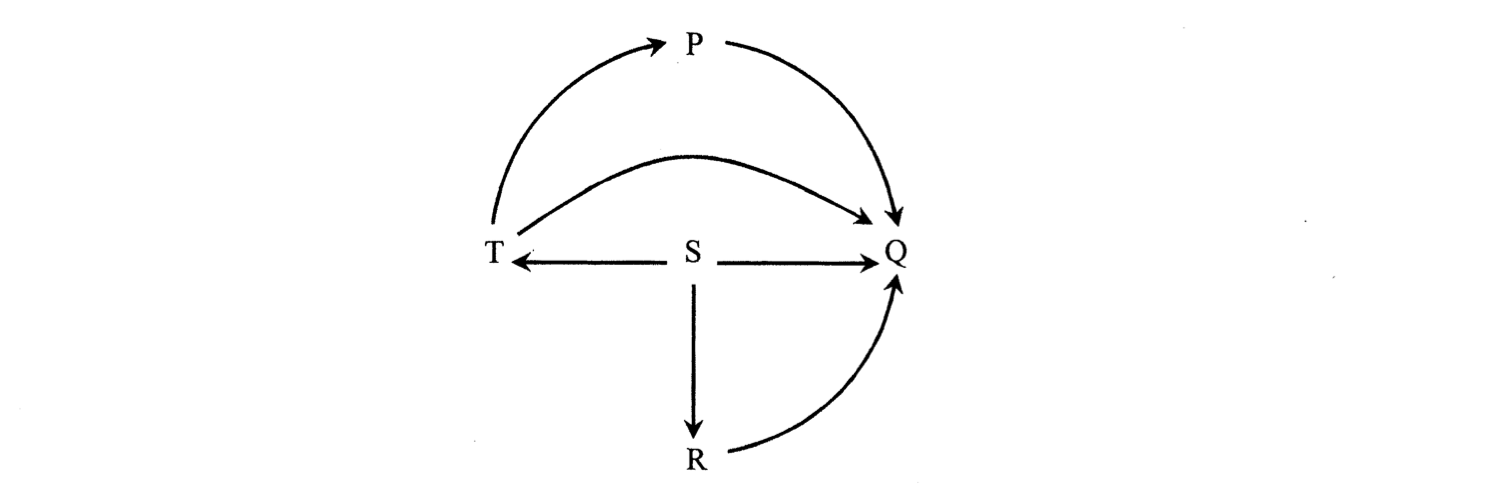 生物 P、Q、R、S 和 T 之間的能量流動
