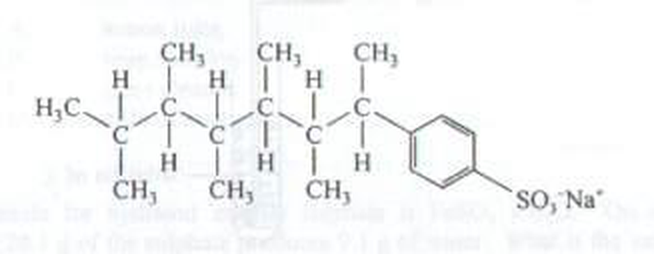 Structure of a detergent with a branched alkyl chain and a benzenesulphonate group