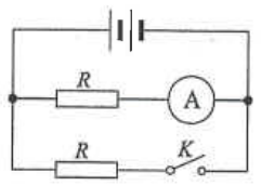 Cell, two resistors R, an ammeter and a switch K: one R in series with the ammeter, the other R with switch K in a parallel branch