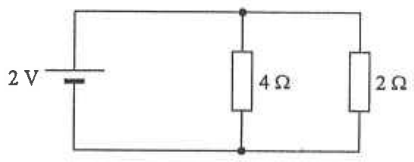 2 V cell connected across a 4 ohm resistor and a 2 ohm resistor in parallel