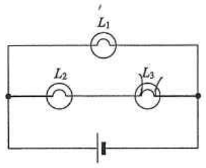 Lamp L1 in the top branch, lamps L2 and L3 in a middle branch, cell in the bottom branch