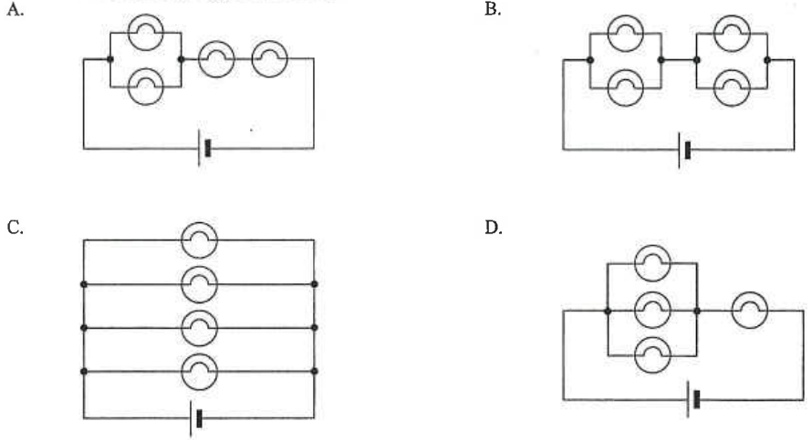 Four circuits A to D, each connecting four lamps to a battery in different series/parallel arrangements