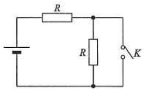 Cell in series with a resistor R, then a second resistor R in parallel with a switch K