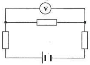 Battery with three resistors and a voltmeter connected across one resistor
