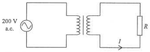 Transformer with 200 V a.c. source in the primary circuit and resistor R in the secondary circuit carrying current I