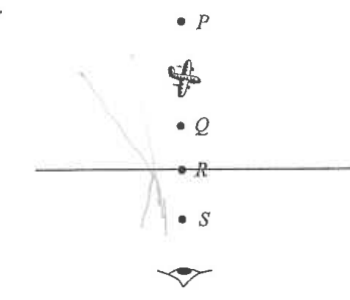 Aeroplane above a pond surface with points P, Q, R and S at different heights and a diver below