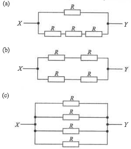 Arrangements (a), (b) and (c) of four identical resistors R between X and Y