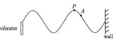Stationary wave on a string between a vibrator and a wall, P at a crest and A just to the right of P