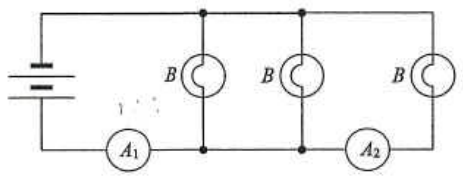 Battery with ammeter A1, three identical bulbs B in parallel and ammeter A2
