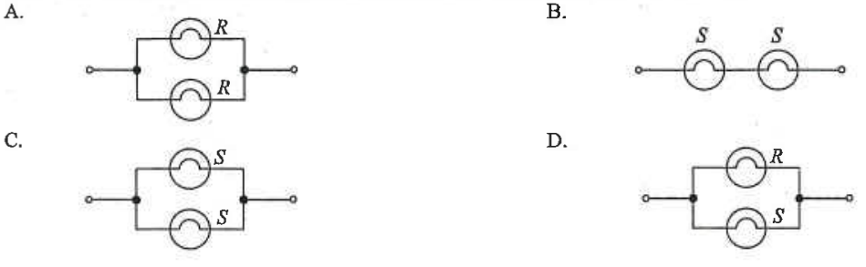 Four circuits A to D: A two R bulbs in parallel, B two S bulbs in series, C two S bulbs in parallel, D an R bulb and an S bulb in parallel