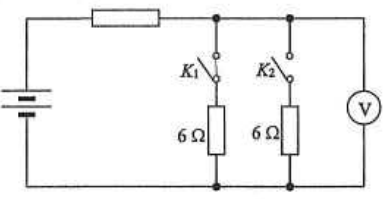 24 V battery, a resistor, switches K1 and K2 each in series with a 6 ohm resistor, and a voltmeter across the parallel combination