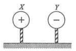 Conducting spheres X (positive) and Y (negative) on insulating stands