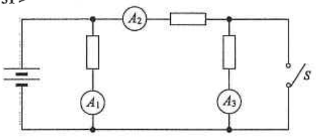 Circuit with ammeters A1, A2 and A3, two resistors, a constant voltage source and a switch S