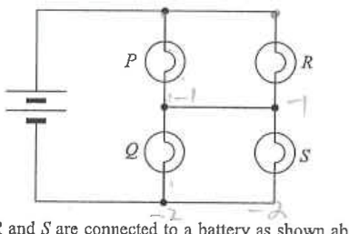 Battery connected to four identical lamps P, Q, R and S in a bridge arrangement
