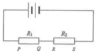 Battery connected in series with resistors R1 and R2, ends marked P, Q, R and S