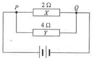 Resistor X (2 ohm) and resistor Y (4 ohm) in parallel between P and Q, connected to a battery
