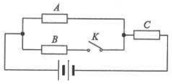Resistors A, B (with switch K) and C with a battery