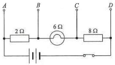 Terminals A, B, C, D with a 2 ohm resistor, a 6 ohm bulb and an 8 ohm resistor in series and a battery with a switch