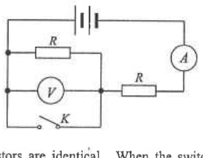 Battery, ammeter A, two resistors R, voltmeter V and switch K