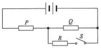 Battery with resistors P and Q in series and resistor R with switch S in parallel with Q