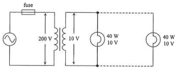 Fused 200 V primary circuit, 10 V secondary with identical bulbs rated 40 W 10 V in parallel