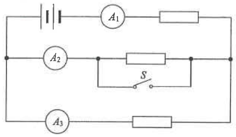 Battery with ammeters A1, A2, A3, resistors and a switch S in parallel with one resistor