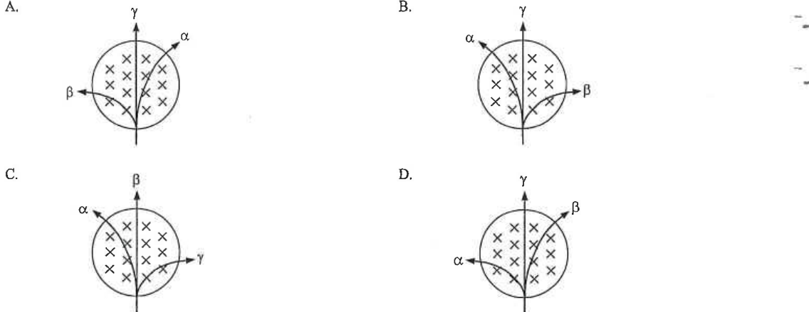 Four diagrams A to D showing tracks of alpha, beta and gamma rays through a circular region with a magnetic field into the paper
