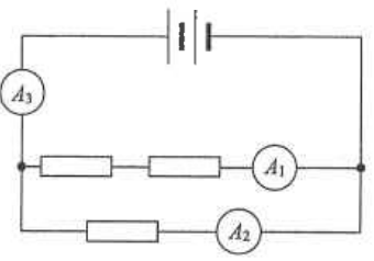 Battery with ammeter A3, two resistors in series with ammeter A1, and a resistor with ammeter A2 in a parallel branch