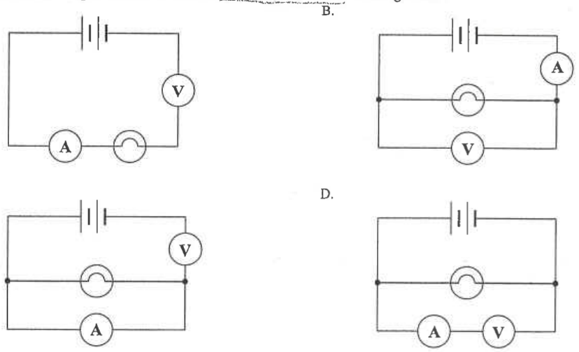 Four circuits A to D with a battery, light bulb, ammeter and voltmeter connected in different ways