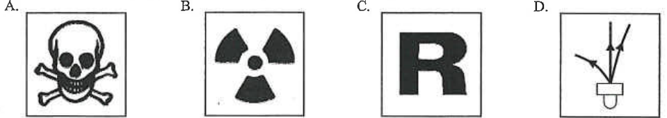 Four signs: A skull and crossbones, B radiation trefoil, C letter R, D a lamp with rays