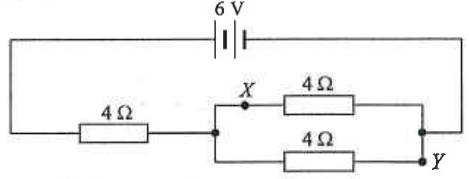 6 V battery with a 4 ohm resistor in series with two 4 ohm resistors in parallel between X and Y
