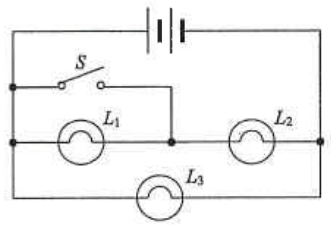 Battery with switch S in parallel with bulb L1, bulb L2 and bulb L3