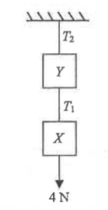 Block Y hung from the ceiling by string T2 and block X hung below Y by string T1, with a 4 N downward force on X