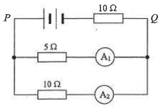 Cell and 10 ohm resistor between P and Q, with 5 ohm resistor and ammeter A1 and 10 ohm resistor and ammeter A2 in parallel branches