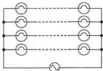 Four strings of light bulbs connected in parallel to an a.c. supply, each string with bulbs in series