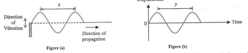 Figure (a): shape of string with wavelength x. Figure (b): displacement-time graph of a particle with period y