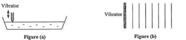 Figure (a): vibrator dipping into a ripple tank of water. Figure (b): plane wave pattern from the vibrator