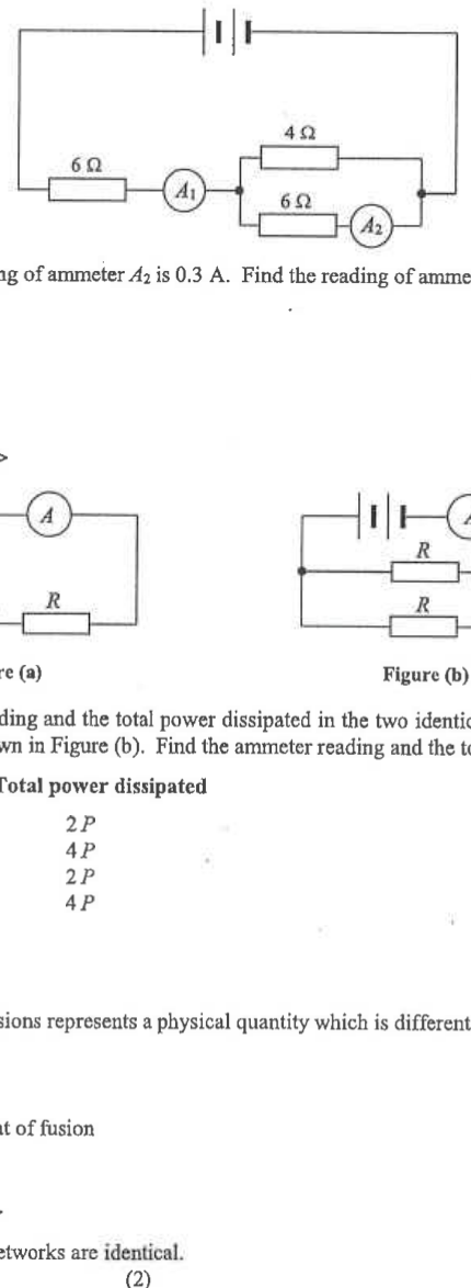Battery with 6 ohm resistor and ammeter A1 in series with 4 ohm resistor in parallel with 6 ohm resistor and ammeter A2
