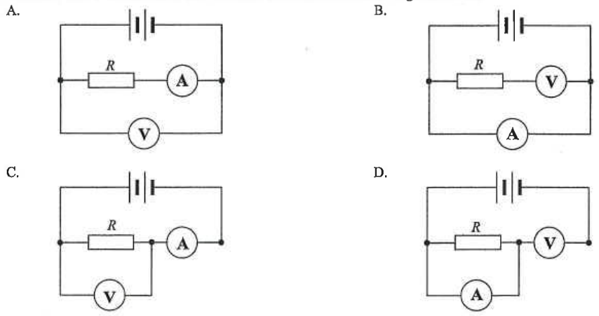 Four circuits A to D with a battery, resistor R, ammeter and voltmeter connected in different ways