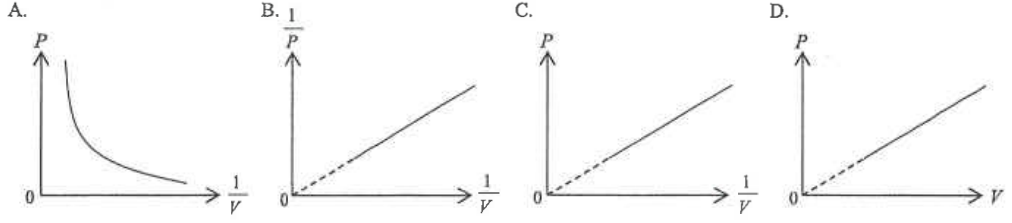 Four graphs: A P against 1/V curve; B 1/P against 1/V straight line; C P against 1/V straight line through the origin with dashed extension; D P against V straight line