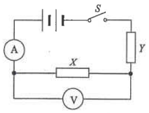 Battery with switch S, ammeter A, heater Y in series, and heater X with a voltmeter V across it