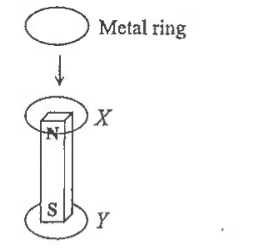 Metal ring released above a vertical bar magnet with N at top and S at bottom; ring positions X (top) and Y (bottom)