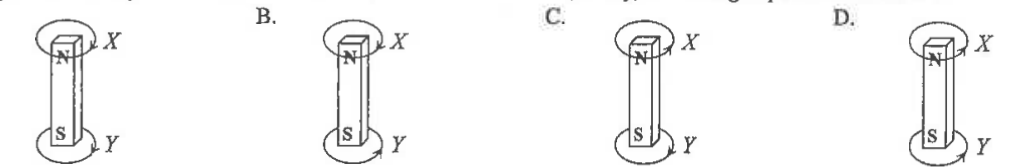 Four diagrams A to D showing induced current directions in the ring at positions X and Y