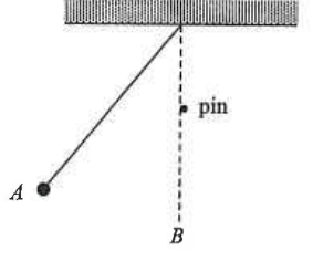 Pendulum bob released from A, with a fixed pin below the support on the vertical through B