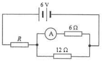 6 V battery with resistor R in series with an ammeter and 6 ohm resistor in parallel with a 12 ohm resistor