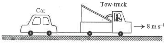 A tow-truck pulling a broken-down car to the right at 8 m/s