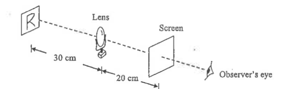 Illuminated letter R, lens and screen with object distance 30 cm and image distance 20 cm, and the observer's eye