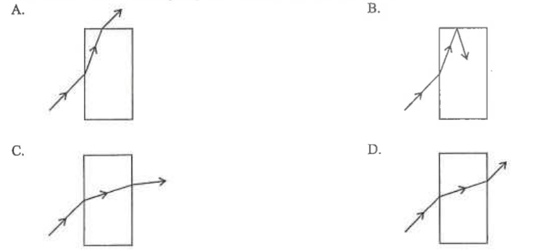 Four ray diagrams A to D through a rectangular glass block