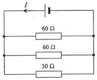 Cell delivering current I to three parallel resistors of 60 ohm, 60 ohm and 30 ohm